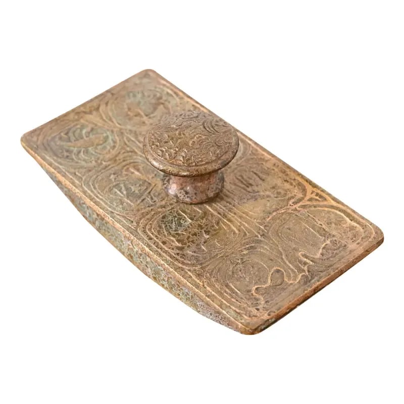 Tiffany Studios New York Zodiac Bronze Doré Rocker Blotter: A gorgeous antique gilt bronze rocker ink blotter featuring Zodiac designs By Tiffany Studios (signed on the side) New York, USA, Early 20th Century Measures: 5.5"W x 2.88"D x 2"H. Good original vinta