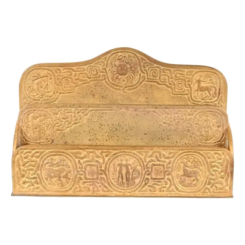 Tiffany Studios New York Zodiac Pattern Bronze Doré Letter Rack: A gorgeous antique Arts & Crafts or Art Deco period gilt bronze "Zodiac" pattern desk letter holder rack By Tiffany Studios (signed to the underside) New York, USA, Early 20th Century Measures: 9.5"W 