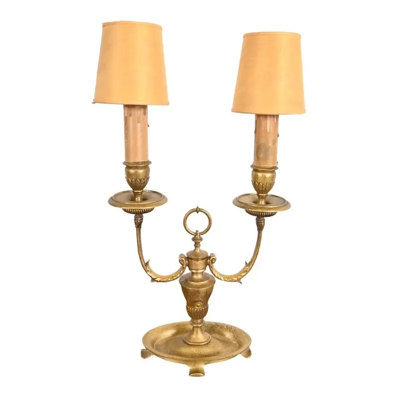 Tiffany Studios New York Bronze Doré Two-Light Table Lamp, Circa 1910: An outstanding Arts & Crafts or Art Deco period gilt bronze two-light table lamp or desk lamp By Tiffany Studios (signed to the underside of base) New York, USA, Early 20th Century Measures: 11.25"W x