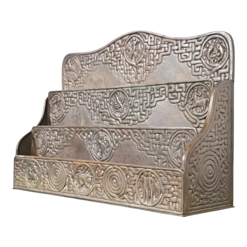 Tiffany Studios New York Zodiac Pattern Bronze Letter Rack: A gorgeous antique Arts & Crafts or Art Deco period bronze "Zodiac" pattern desk letter holder rack By Tiffany Studios (signed to the underside) New York, USA, Early 20th Century Measures: 12"W x 3.38