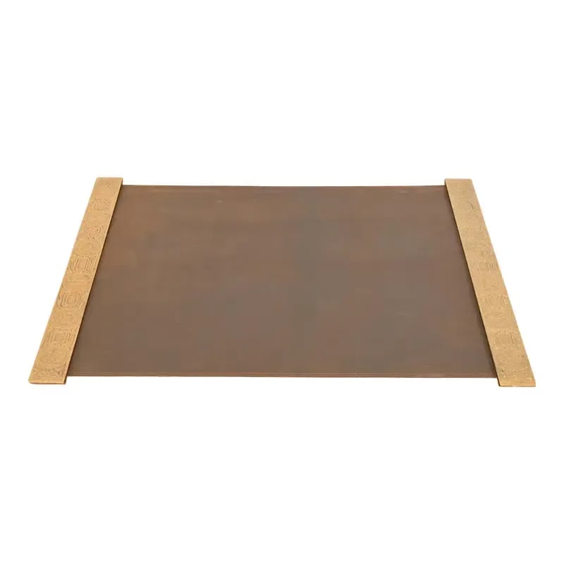 Tiffany Studios New York Zodiac Bronze Blotter Ends With Leather Desk Pad: A gorgeous pair of Art Deco or Arts & Crafts period bronze blotter ends featuring symbols of the Zodiac with a custom brown leather desk pad By Tiffany Studios New York, USA, Early 20th Century Each b