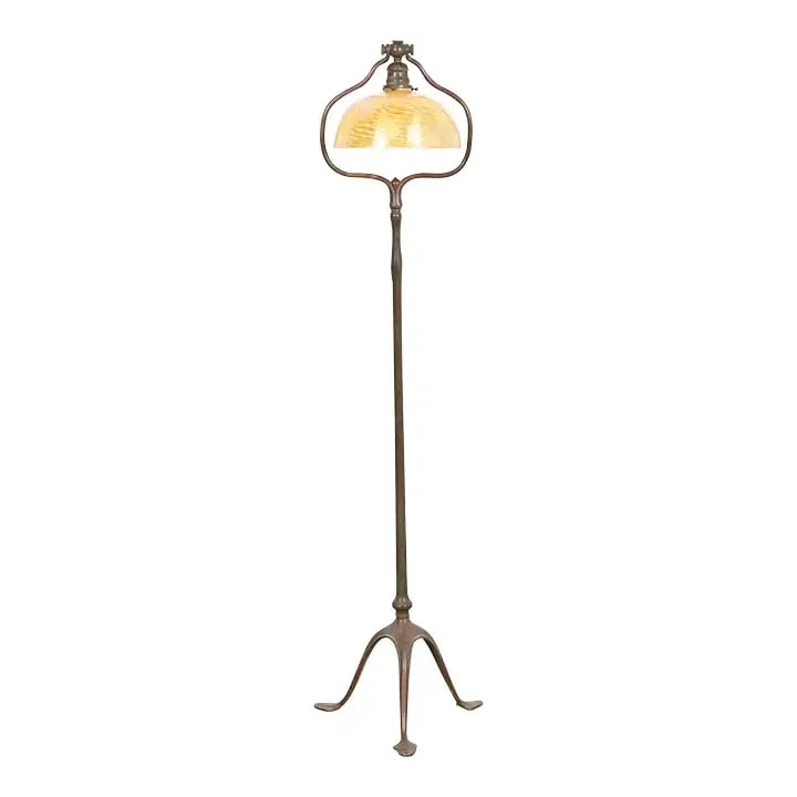 Tiffany Studios New York Bronze Harp Floor Lamp With Damascene Favrile Glass Shade (1 of 12)