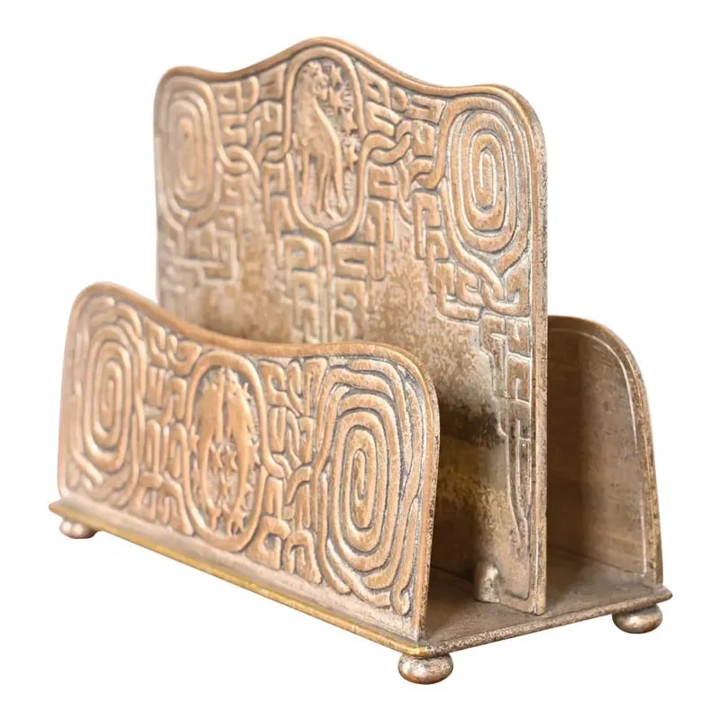 Tiffany Studios New York Zodiac Bronze Doré Double Sided Letter Rack: A gorgeous antique gilt bronze double sided desk letter holder rack featuring Zodiac designs By Tiffany Studios (signed to the underside) New York, USA, Early 20th Century Measures: 6"W x 2.63"D x 5"H