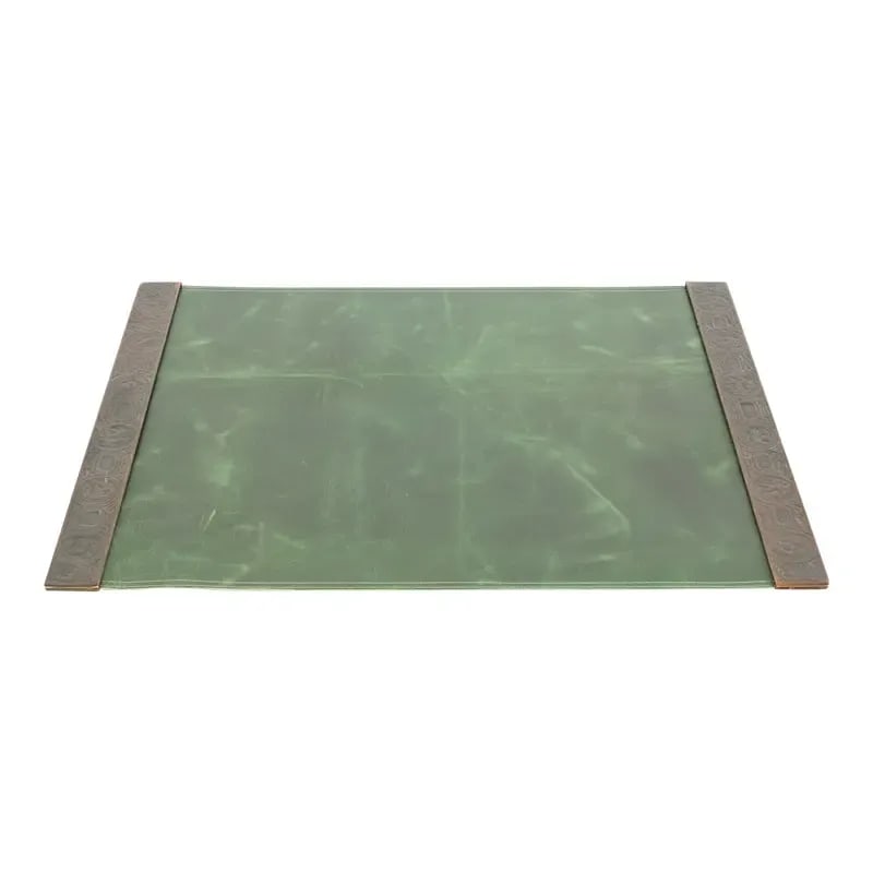 Early 20th Century Tiffany Studios New York Zodiac Bronze Blotter Ends With Green Leather Desk Pad: A gorgeous pair of Art Deco or Arts & Crafts period patinated bronze blotter ends featuring symbols of the Zodiac with a custom green leather desk pad By Tiffany Studios (signed to the underside) New 