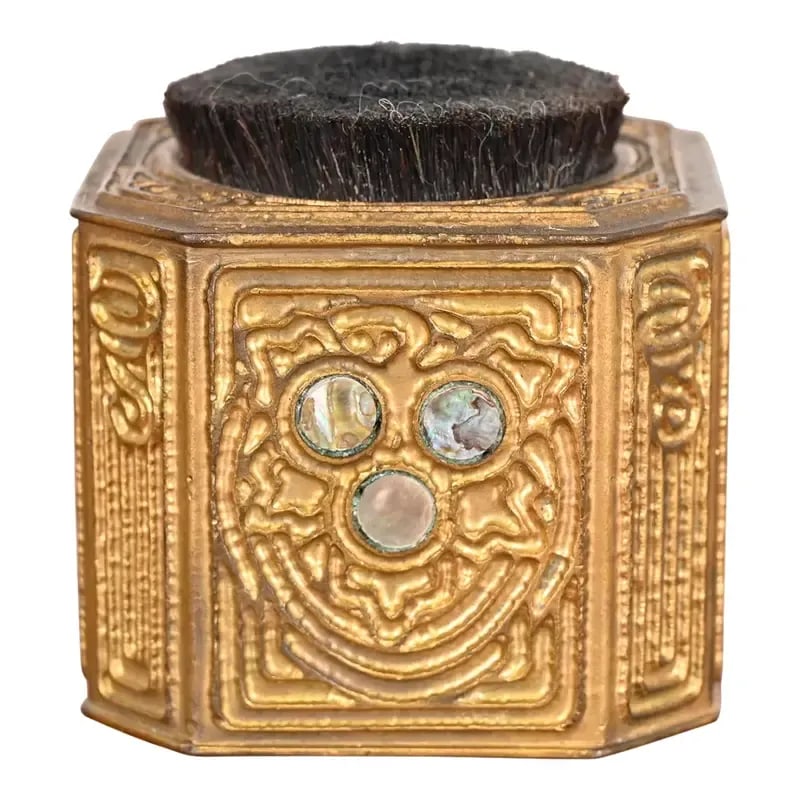 Tiffany Studios New York Bronze Doré and Abalone Pen Brush: A gorgeous Art Nouveau or Art Deco period gilt bronze and inlaid abalone pen brush or pen wipe By Tiffany Studios New York, USA, Early 20th Century Measures: 2.25"W x 2.25"D x 2.25"H. Very good origin