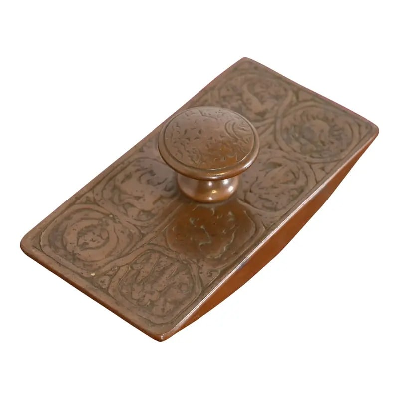 Tiffany Studios New York Zodiac Bronze Rocker Blotter: A gorgeous antique bronze rocker ink blotter featuring Zodiac designs By Tiffany Studios (signed on the side) New York, USA, Early 20th Century Measures: 5.75"W x 3"D x 2"H. Good original vintage cond