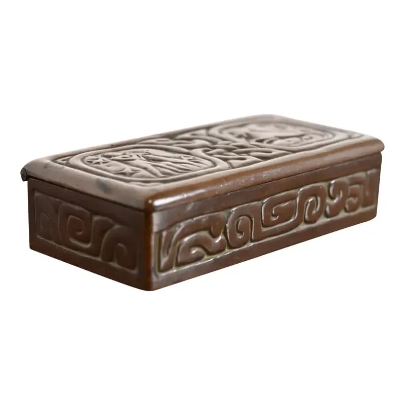 Tiffany Studios New York Zodiac Bronze Stamp Box: A stunning antique bronze stamp box featuring Zodiac designs By Tiffany Studios (signed to the underside) New York, USA, Early 20th Century Measures: 3.75"W x 2"D x 1"H. Very good original vintage con