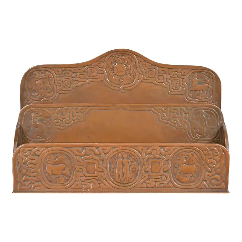 Tiffany Studios New York Zodiac Bronze Letter Rack: A gorgeous antique bronze desk letter rack featuring Zodiac designs By Tiffany Studios (signed to the underside) New York, USA, Early 20th Century Measures: 9.5"W x 2.5"D x 6.25"H Good original vintag