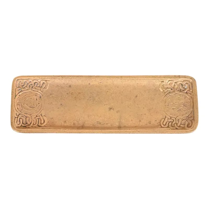 Tiffany Studios New York Zodiac Bronze Doré Pen Tray: A gorgeous antique gilt bronze pen tray featuring Zodiac designs By Tiffany Studios (signed to the underside) New York, USA, Early 20th Century Measures: 10"W x 3.25"D x 0.38"H Good original vintage c