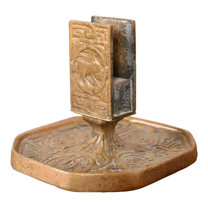 Tiffany Studios New York Zodiac Bronze Doré Match Box Holder: A gorgeous antique gilt bronze match box holder featuring symbols of the Zodiac By Tiffany Studios (signed to the underside) New York, USA, Early 20th Century Measures: 4.5"W x 4.5"D x 3.75"H. Good or