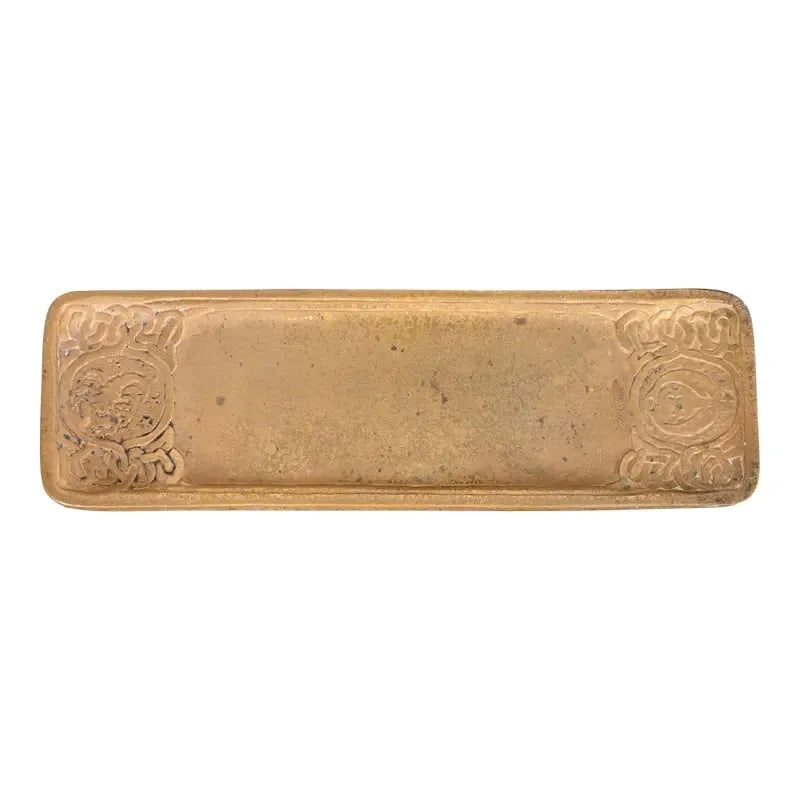 Tiffany Studios New York Zodiac Bronze Doré Pen Tray: A gorgeous antique gilt bronze pen tray featuring Zodiac designs By Tiffany Studios (signed to the underside) New York, USA, Early 20th Century Measures: 10.25"W x 3.25"D x 0.38"H Good original vintag