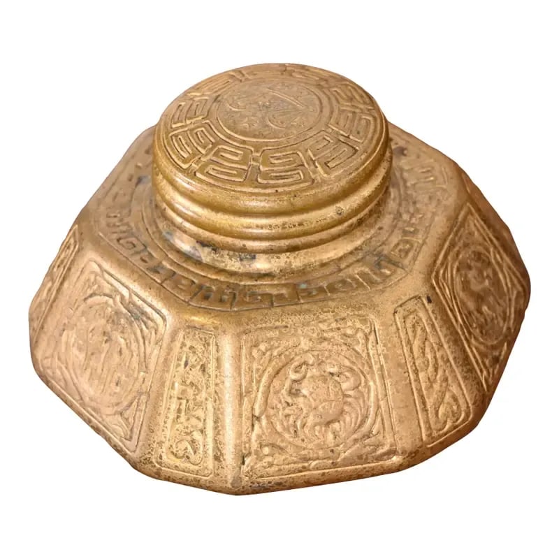 Tiffany Studios New York Zodiac Bronze Doré Large Inkwell: A gorgeous antique gilt bronze large inkwell featuring Zodiac designs By Tiffany Studios (signed to the underside) New York, USA, Early 20th Century Measures: 6.5"W x 6"D x 3.75"H. Very good original 