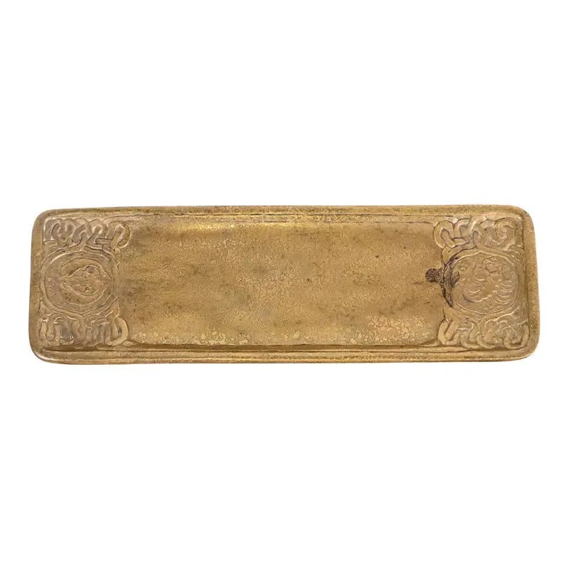 Tiffany Studios New York Zodiac Bronze Doré Pen Tray: A gorgeous antique Art Deco period gilt bronze pen tray featuring Zodiac designs By Tiffany Studios (signed to the underside) New York, USA, Early 20th Century Measures: 10"W x 3.25"D x 0.5"H Good ori