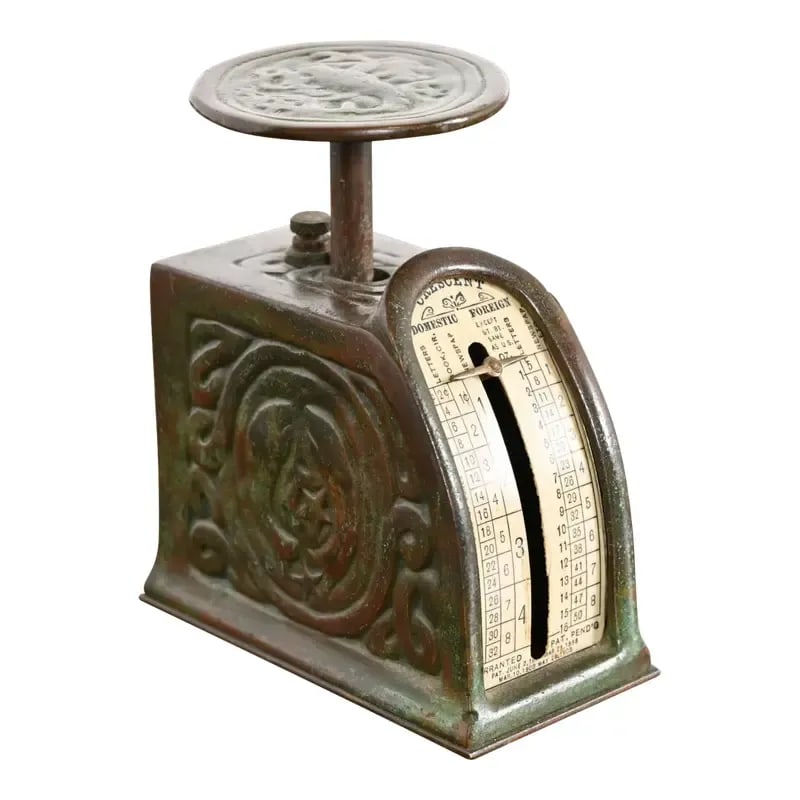 Tiffany Studios New York Zodiac Pattern Bronze Postage Scale: A gorgeous antique Arts & Crafts or Art Deco period bronze postage scale featuring the iconic Zodiac pattern in verdigris green patina. By Tiffany Studios (signed to the underside) New York, USA, Earl