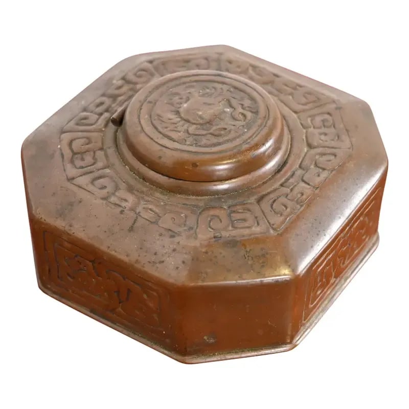Tiffany Studios New York Zodiac Bronze Inkwell: A gorgeous antique bronze inkwell featuring Zodiac designs By Tiffany Studios (signed to the underside) New York, USA, Early 20th Century Measures: 4.25"W x 4.25"D x 2"H. Good original vintage conditi