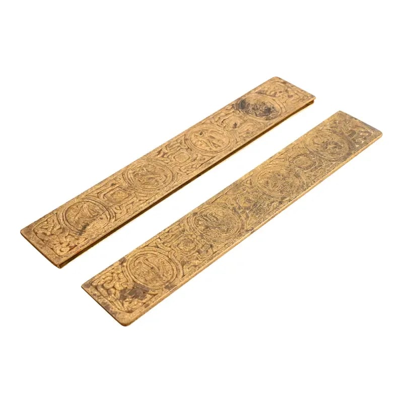 Tiffany Studios New York "Zodiac" Bronze Doré Blotter Ends: A gorgeous pair of Art Deco or Arts & Crafts period bronze blotter ends featuring symbols of the Zodiac By Tiffany Studios New York, USA, Early 20th Century Each measures: 12.25"W x 2"D x 0.38"H. Good