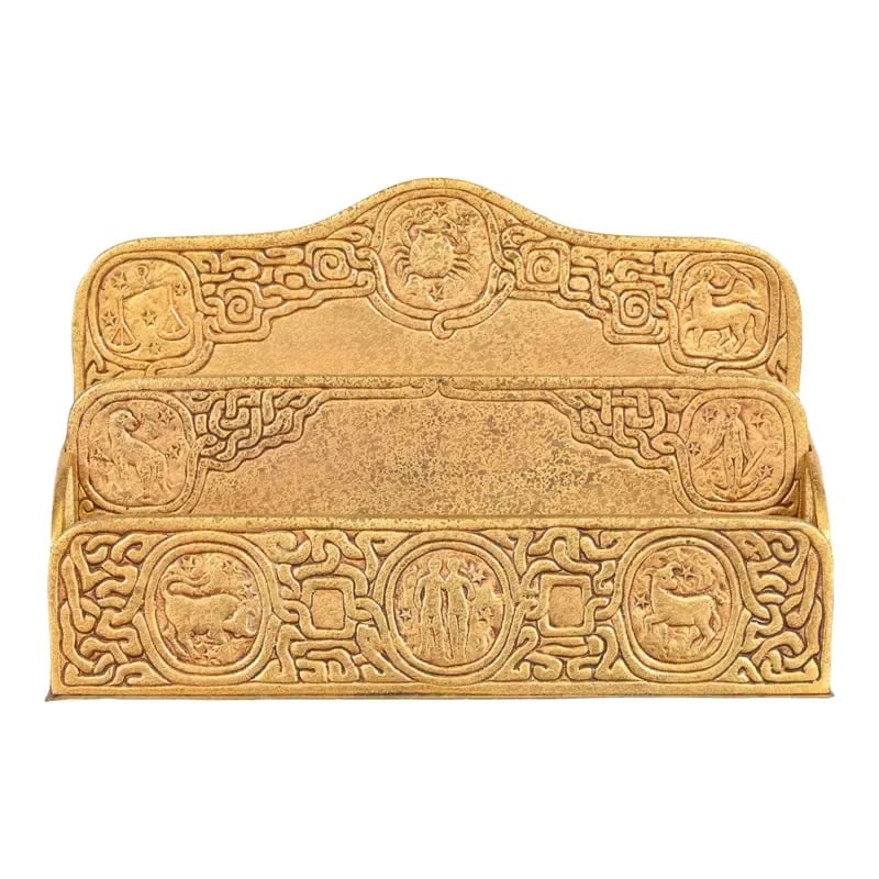 Tiffany Studios New York 'Zodiac' Bronze Doré Letter Rack: A gorgeous Art Deco period gilt bronze desk letter holder rack featuring Zodiac designs By Tiffany Studios New York, USA, Early 20th Century Measures: 9.5"W x 2.5"D x 6.25"H Very good original vintage