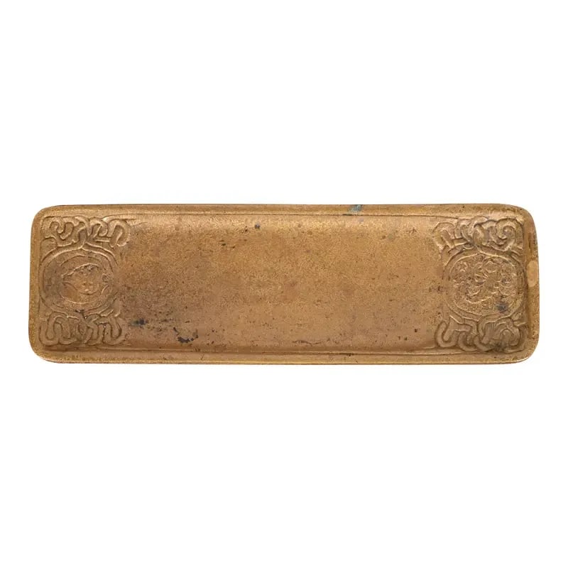 Tiffany Studios New York "Zodiac" Bronze Doré Pen Tray: A gorgeous antique Art Deco period gilt bronze pen tray featuring Zodiac designs By Tiffany Studios New York, USA, Early 20th Century Measures: 10"W x 3.25"D x 0.5"H Good original vintage condition, w