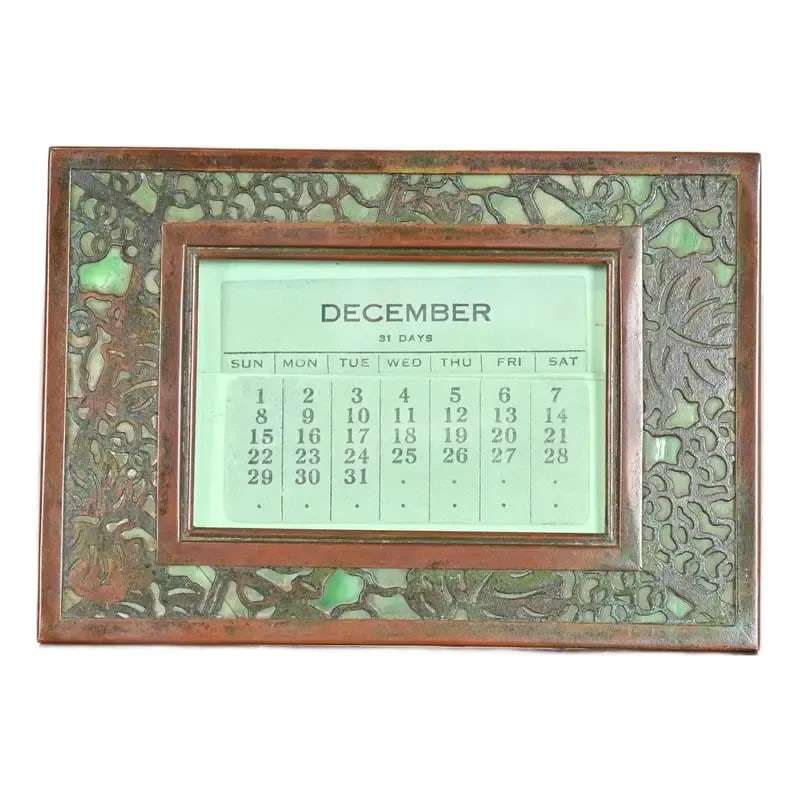 Tiffany Studios New York Grapevine Bronze and Slag Glass Desk Calendar Frame or Picture Frame: A gorgeous antique Art Deco or Arts & Crafts period bronze and slag glass "Grapevine" pattern desk calendar frame or picture frame By Tiffany Studios (signed to the back) New York, USA, Early 20th Cen