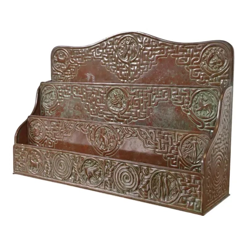 Tiffany Studios New York Zodiac Pattern Bronze Letter Rack: A gorgeous antique Arts & Crafts or Art Deco period bronze "Zodiac" pattern desk letter holder rack By Tiffany Studios (signed to the underside) New York, USA, Early 20th Century Measures: 12"W x 3.5"