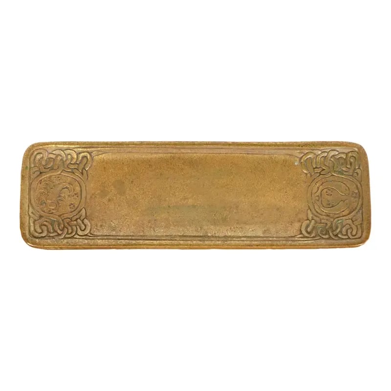 Tiffany Studios New York "Zodiac" Bronze Pen Tray: A gorgeous antique Art Deco period bronze pen tray featuring Zodiac designs By Tiffany Studios New York, USA, Early 20th Century Measures: 10.13"W x 3.25"D x 0.38"H Good original vintage condition, wi