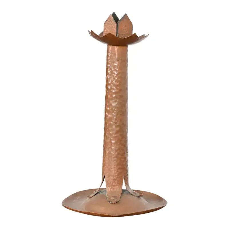 Antique Stickley Style Arts & Crafts Hammered Copper Candlestick, Circa 1900: A gorgeous Arts & Crafts period hand hammered copper candlestick In the manner of Stickley Brothers USA, Early 20th Century Measures: 5.75"W x 5.75"D x 10.75"H. Good original vintage condition, with b