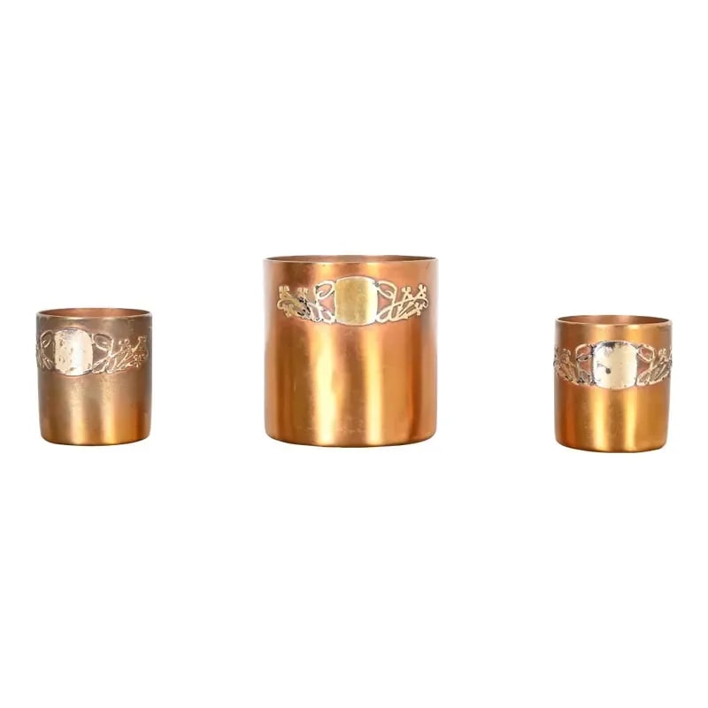 Heintz Arts & Crafts Sterling Silver on Bronze Tumblers, Set of Three: A gorgeous set of three antique Arts & Crafts or Art Deco period sterling silver on bronze tumblers By Heintz Art Metal Shop USA, Early 20th Century Measures: Large - 3.13"W x 3.13"D x 3.25"H. Small -