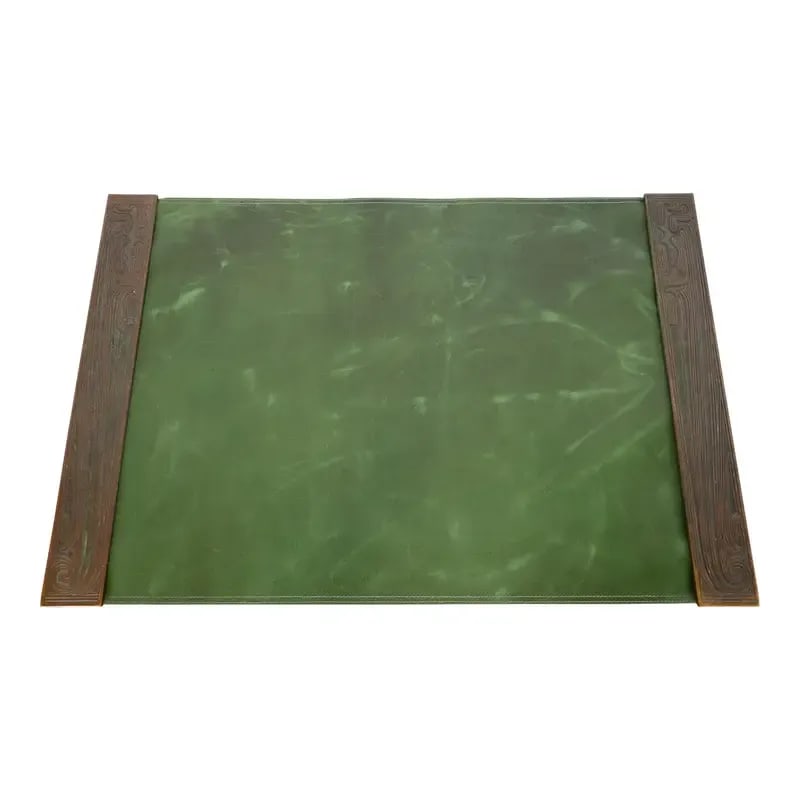 Tiffany Studios New York Chinese Pattern Bronze Blotter Ends With Leather Desk Blotter: A gorgeous pair of Art Deco or Arts & Crafts period patinated bronze "Chinese" pattern blotter ends, with a custom green leather desk blotter. By Tiffany Studios (signed to the underside) New York, US