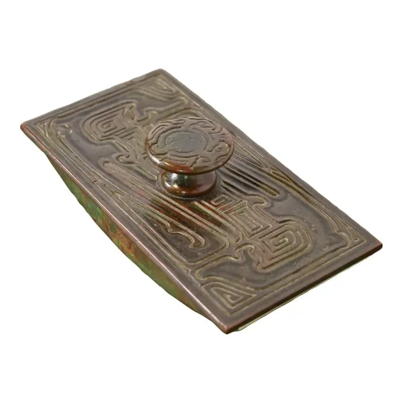 Tiffany Studios New York Chinese Pattern Bronze Rocker Blotter: A gorgeous Arts & Crafts period "Chinese" pattern bronze rocker blotter By Tiffany Studios (signed on the side) New York, USA, Early 20th Century Measures: 5.75"W x 2.88"D x 1.75"H. Good original vint