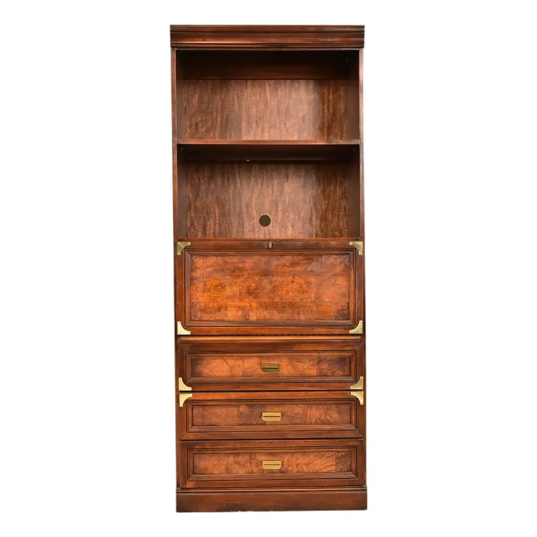 Henredon Style Mid-Century Modern Hollywood Regency Campaign Burled Walnut Bookcase (1 of 15)