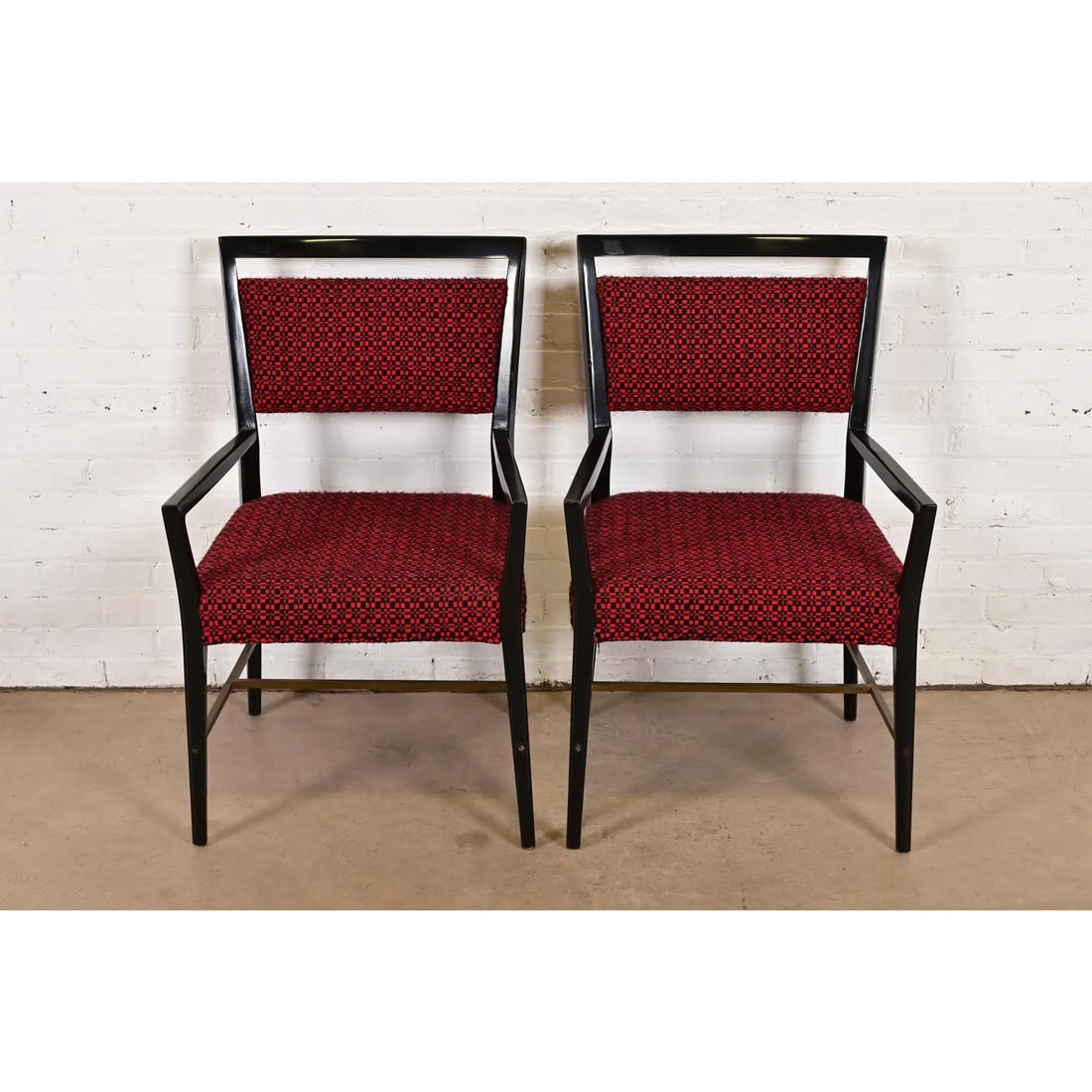 Paul McCobb Connoisseur Collection Black Lacquered Mahogany and Brass Armchairs, Pair - 2