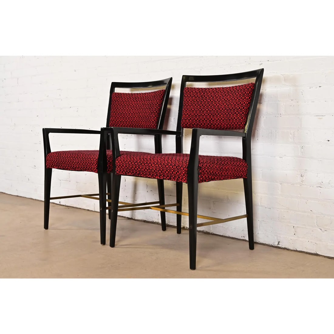 Paul McCobb Connoisseur Collection Black Lacquered Mahogany and Brass Armchairs, Pair - 3