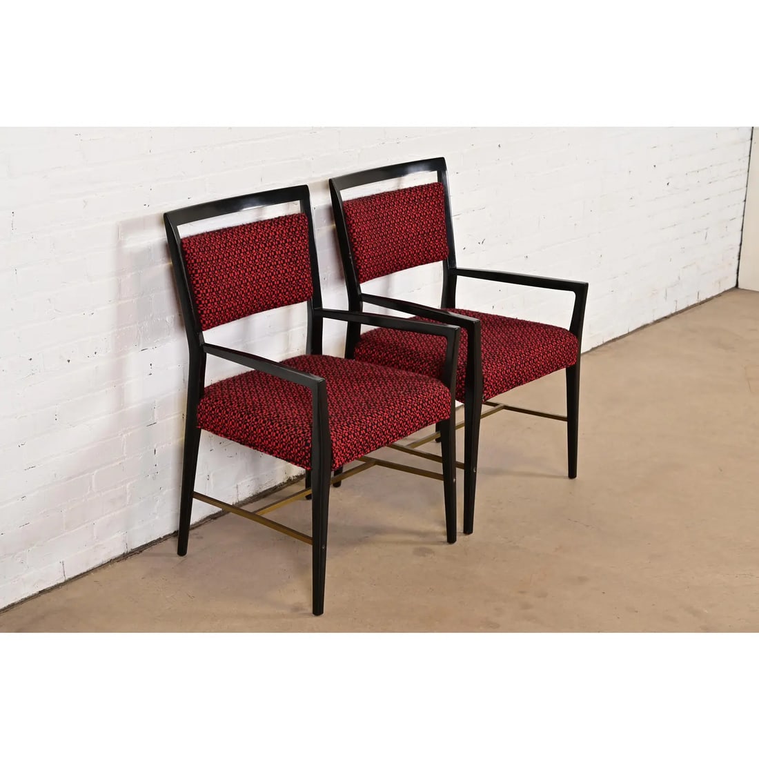Paul McCobb Connoisseur Collection Black Lacquered Mahogany and Brass Armchairs, Pair - 4