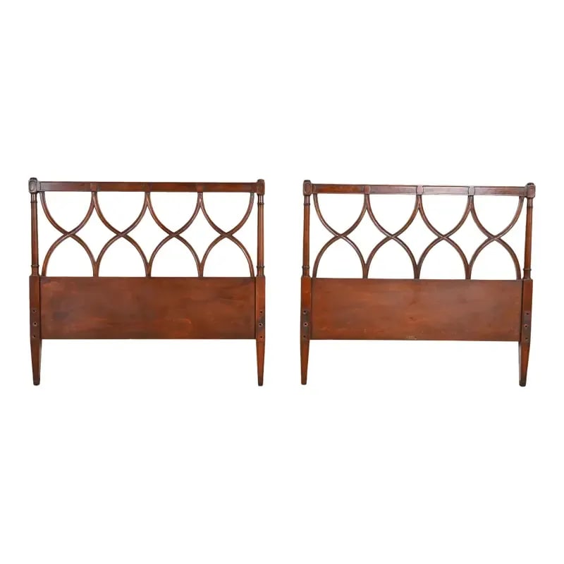 Edward Wormley for Dunbar Mid-Century French Regency Louis XVI Carved Mahogany Twin Size Headboards: A gorgeous pair of mid-century French Regency Louis XVI style carved mahogany twin size headboards By Edward Wormley for Dunbar USA, Circa 1940s Each measures: 41.75"W x 1.75"D x 37"H. Very good
