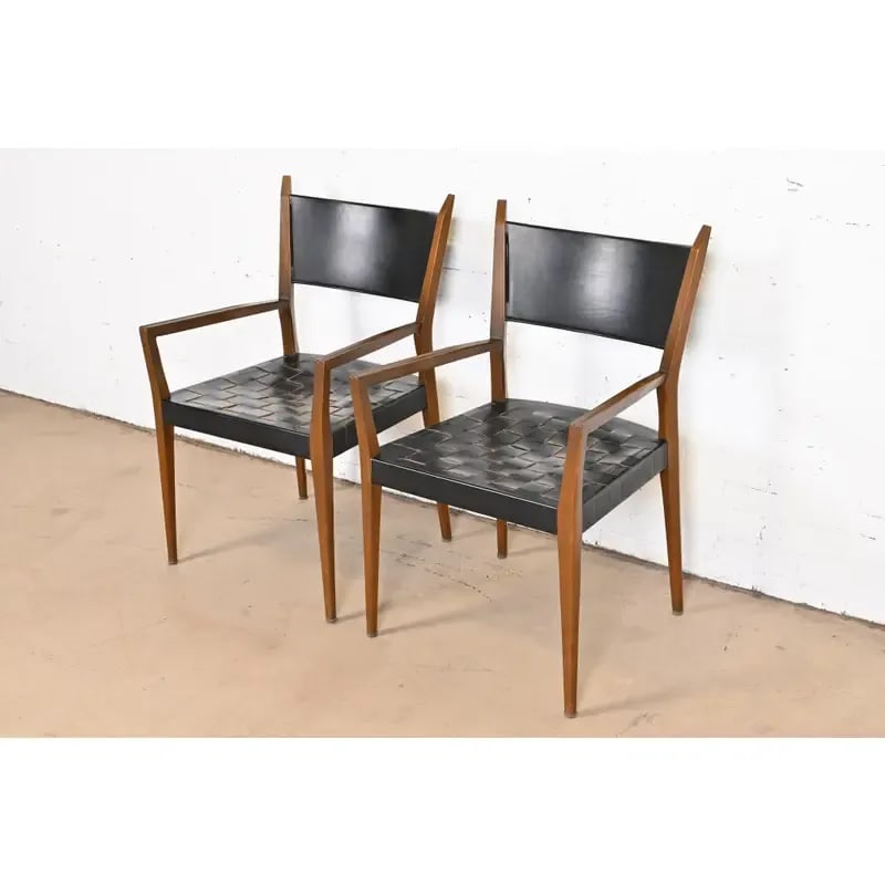 Paul McCobb for Directional Irwin Collection Mahogany and Woven Leather Armchairs, Pair - 2