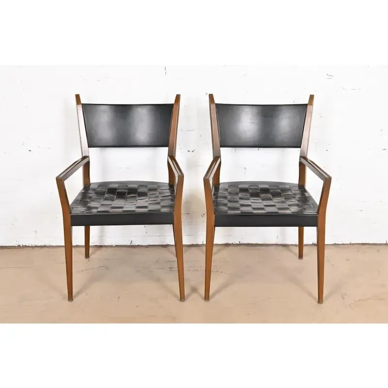 Paul McCobb for Directional Irwin Collection Mahogany and Woven Leather Armchairs, Pair - 3