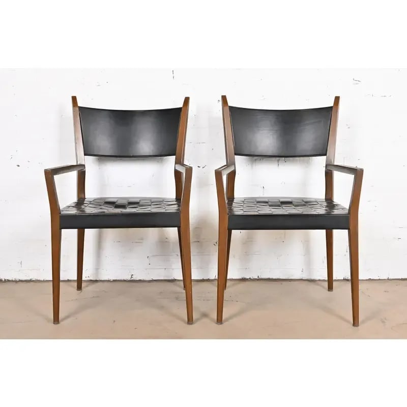 Paul McCobb for Directional Irwin Collection Mahogany and Woven Leather Armchairs, Pair - 4
