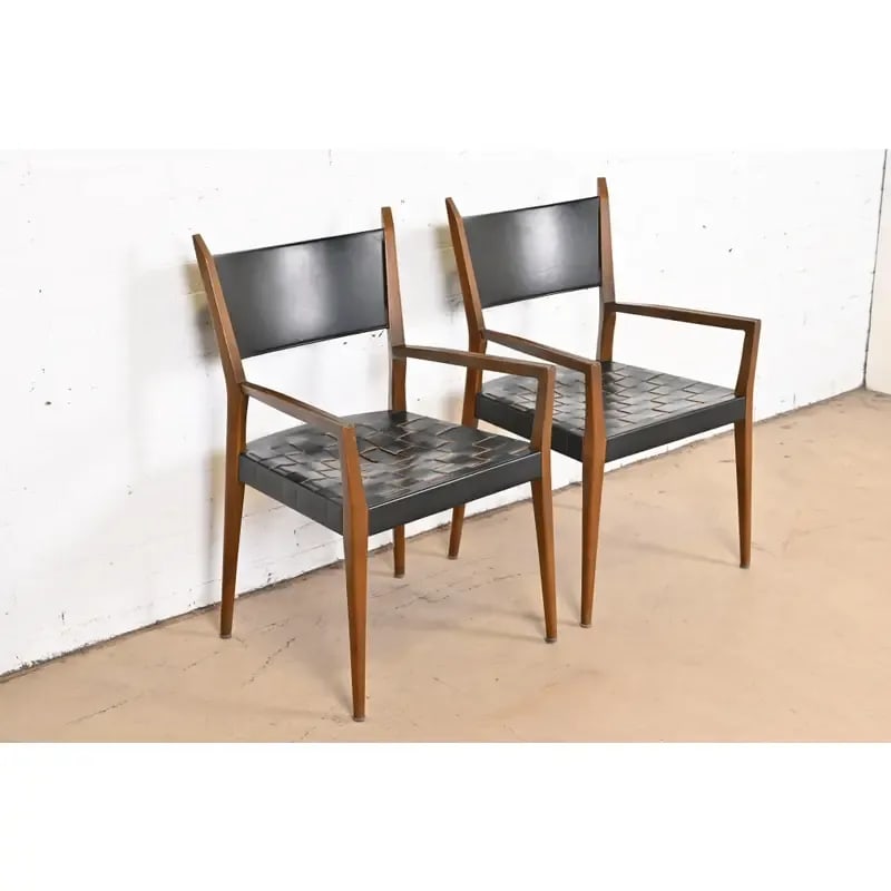 Paul McCobb for Directional Irwin Collection Mahogany and Woven Leather Armchairs, Pair - 5