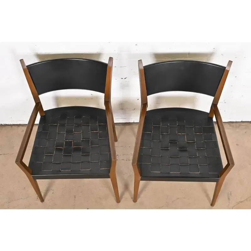 Paul McCobb for Directional Irwin Collection Mahogany and Woven Leather Armchairs, Pair - 7