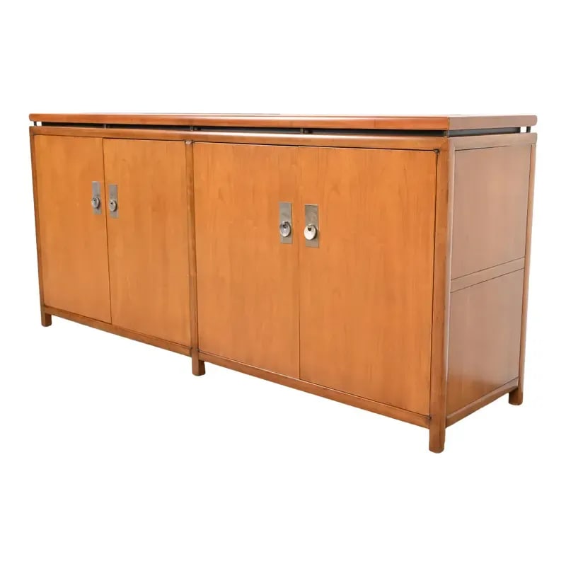 Michael Taylor for Baker Furniture Mid-Century Hollywood Regency Cherry Wood Sideboard Credenza: An exceptional mid-century modern Hollywood Regency Chinoiserie sideboard, credenza, or bar cabinet By Michael Taylor for Baker Furniture, "New World" Collection USA, 1950s Cherry wood, with original 