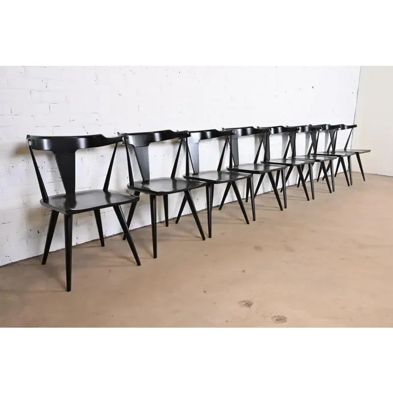Paul McCobb Planner Group Black Lacquered T-Back Dining Chairs, Set of Eight - 5