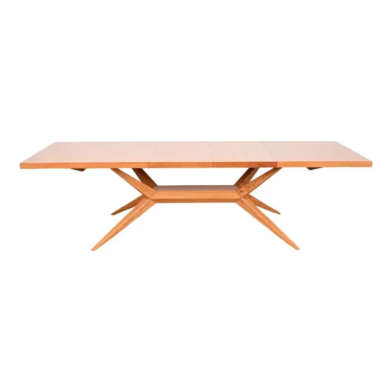 Harold Schwartz for Romweber Mid-Century Modern Oak Spider Leg Dining Table, Newly Refinished: A rare and exceptional Mid-Century Modern extension dining table By Harold Schwartz for Romweber USA, 1950s Sculpted oak with parquetry top, splayed spider legs, and unique felt-lined cutlery drawers 
