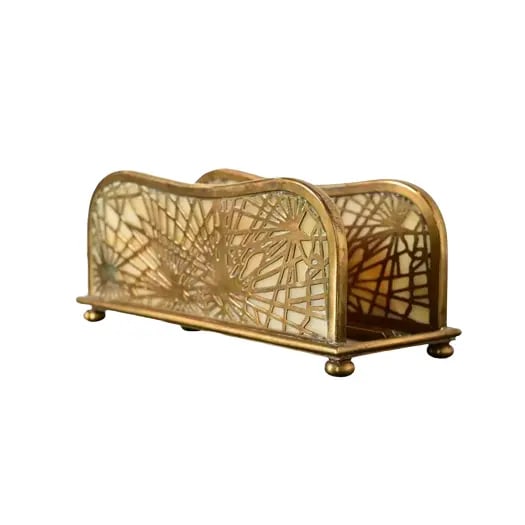 Tiffany Studios New York Pine Needle Bronze Doré and Favrile Slag Glass Letter Rack: A gorgeous antique Arts & Crafts or Art Deco period gilt bronze and Favrile slag glass "Pine Needle" pattern desk letter holder rack By Tiffany Studios (signed to the underside) New York, USA, Early 2