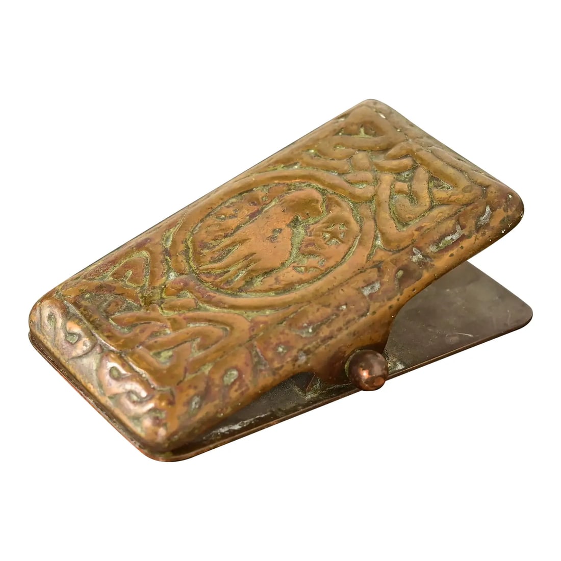 Tiffany Studios New York Zodiac Pattern Bronze Large Paper Clip: A gorgeous antique Arts & Crafts or Art Deco period bronze "Zodiac" pattern large paper clip By Tiffany Studios (signed to the underside) New York, USA, Early 20th Century Measures: 3.75"W x 2.75"D x 