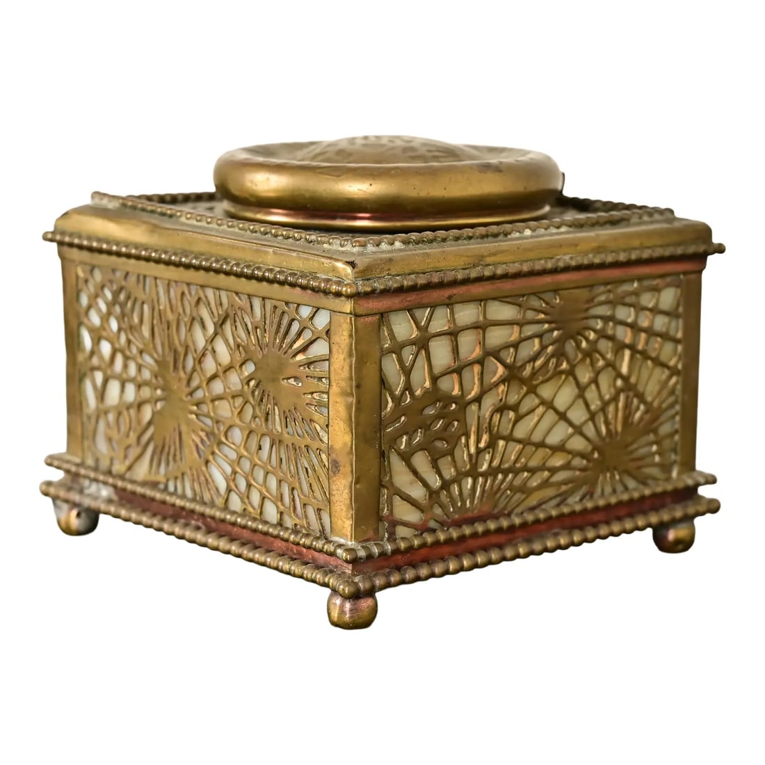 Tiffany Studios New York Pine Needle Bronze Doré and Favrile Slag Glass Inkwell: A gorgeous Arts & Crafts or Art Deco period gilt bronze and favrile slag glass "Pine Needle" pattern inkwell By Tiffany Studios (signed to the underside) New York, USA, Early 20th Century Measures: 4.