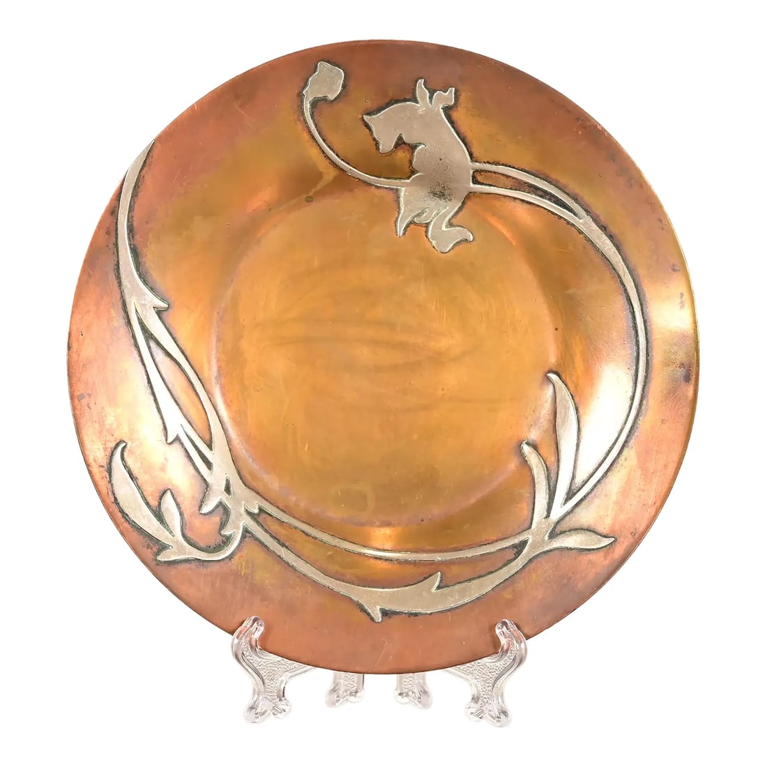 Heintz Arts & Crafts Sterling Silver on Bronze Plate: A gorgeous Arts & Crafts period sterling silver on bronze plate or catchall By Heintz Art Metal Shop USA, Early 20th Century Measures: 6"W x 6"D x 0.5"H. Good original vintage condition, with beautifu