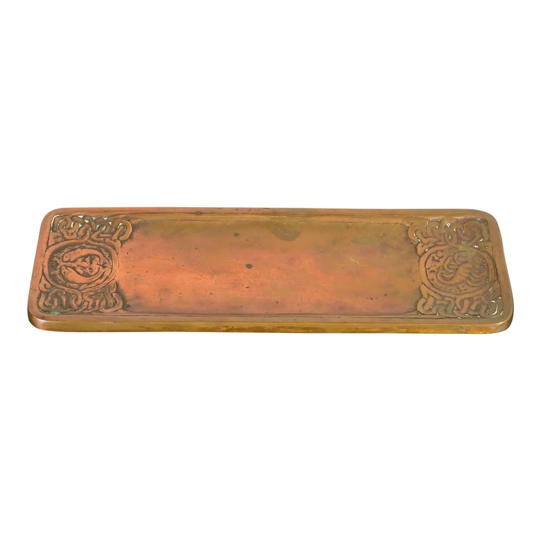 Tiffany Studios New York Zodiac Pattern Bronze Pen Tray: A gorgeous antique Art Deco or Arts & Crafts bronze pen tray or desk tray featuring Zodiac designs By Tiffany Studios (signed to the underside) New York, USA, Early 20th Century Measures: 9.75"W x 3"D