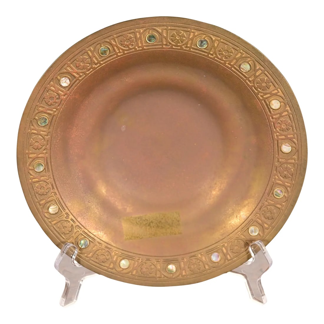 Tiffany Studios New York Bronze Doré Bowl With Abalone Inlay: A gorgeous Arts & Crafts or Art Deco period gilt bronze dish or shallow bowl with abalone inlay By Tiffany Studios (signed to the underside) New York, USA, Early 20th Century Measures: 9"W x 9"D x 1.2