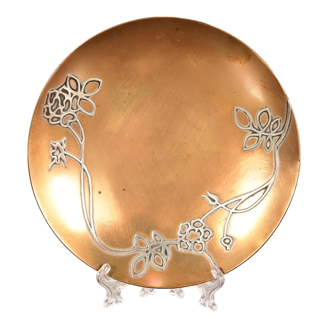 Heintz Arts & Crafts Sterling Silver on Bronze Plate: A gorgeous Arts & Crafts period sterling silver on bronze plate or catchall dish By Heintz Art Metal Shop USA, Early 20th Century Measures: 5.75"W x 5.75"D x 0.75"H. Good original vintage condition, w