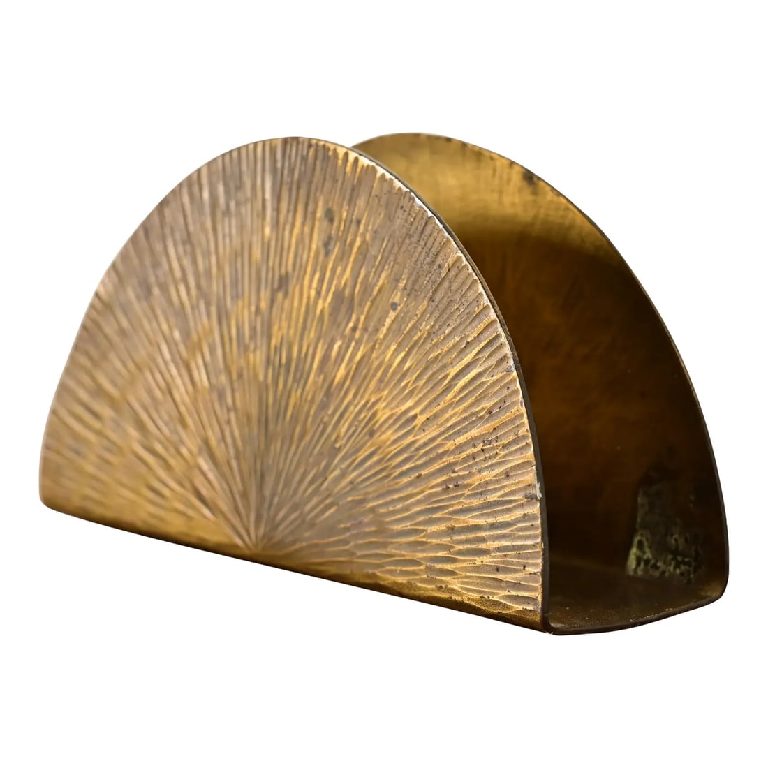 Roycroft Arts & Crafts Brass Over Copper Letter Rack: A gorgeous Arts & Crafts period brass finished copper letter rack with distinctive sunburst pattern By Roycroft (signed with impressed orb and cross mark) USA, Circa 1920s Measures: 5.5"W x 1.5"D x 3"